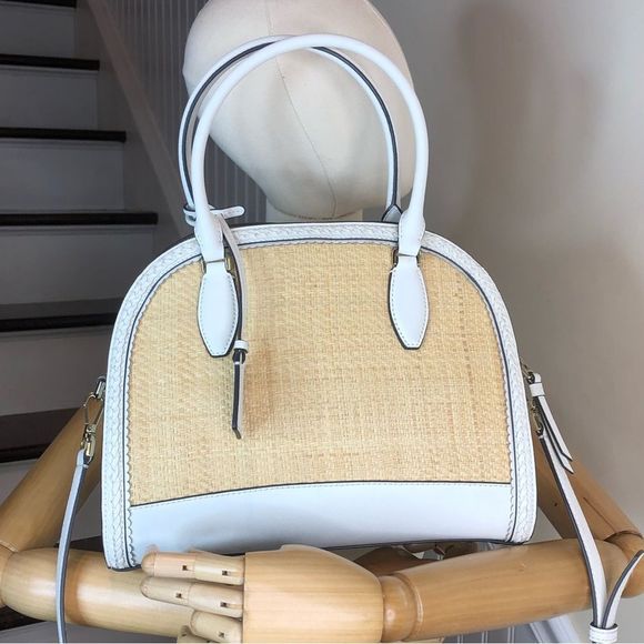 KATE SPADE White Leather Rattan Two Top Handle Tote Zipper Closure Crossbody Bag - Picture 3 of 17